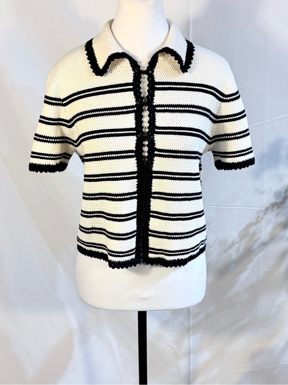 💥NWT J.Crew Photo Sample Striped Crochet Knit Sweater Shirt Cotton Sz M🧡